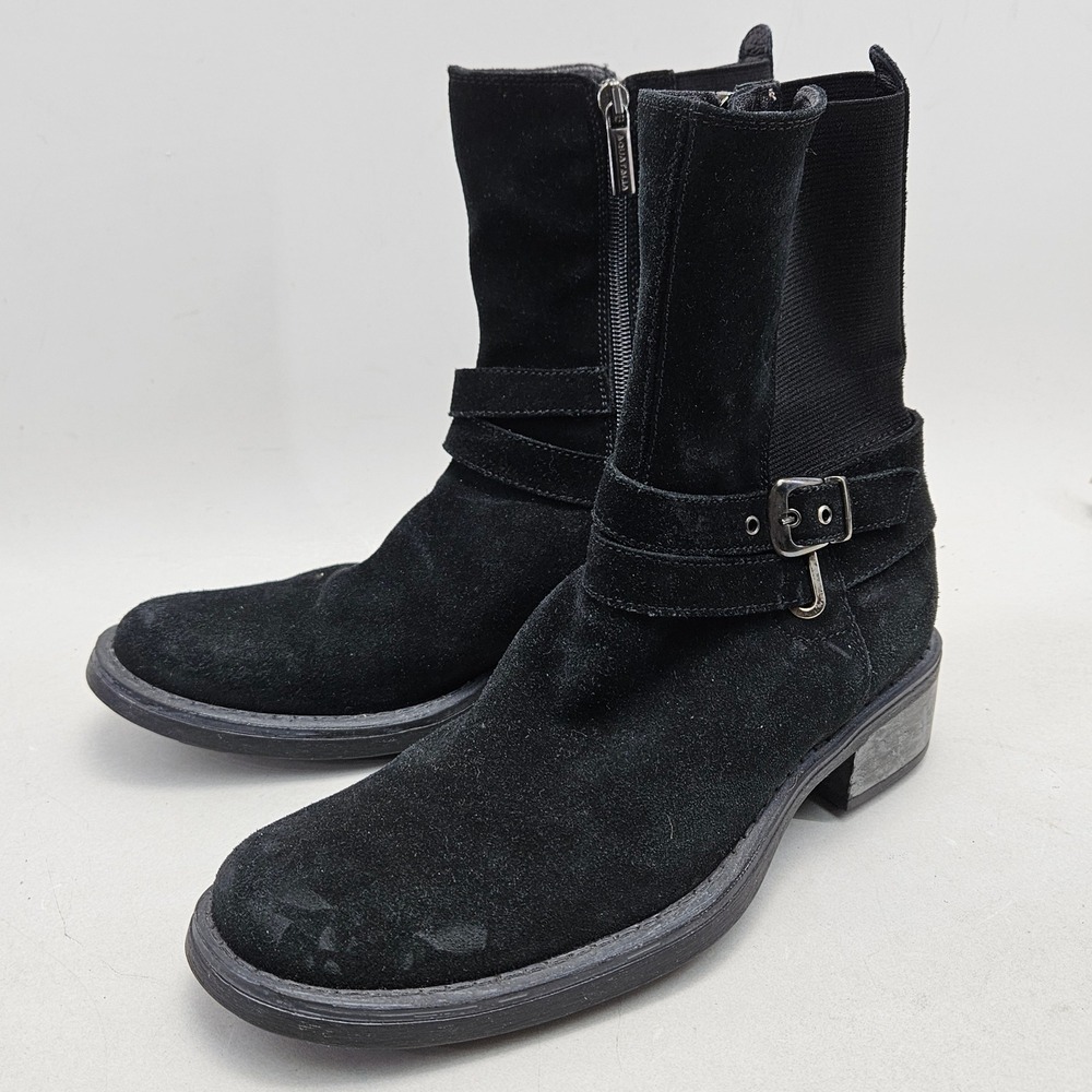 Aquatalia Marvin K Black Suede Moto Boots Buckle Zip Italy Womens 7.5 Lug Sole